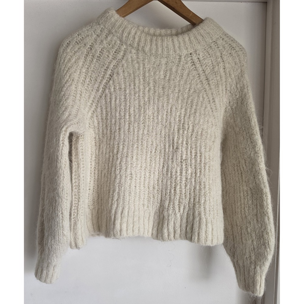 H&M Womens Sweater Size L Crew Neck Off-White Wool Alpaca Blend Ribbed Knit